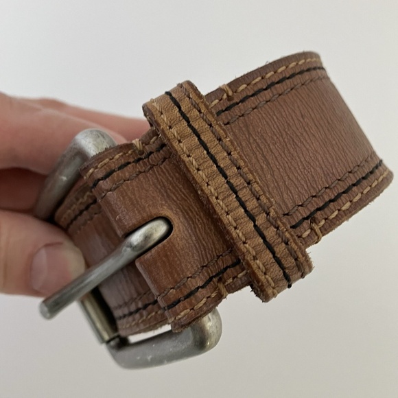 Men's Brown FOSSIL Leather Belt Solid Brass Buckle plated Brushed Silver Size L - Picture 7 of 12